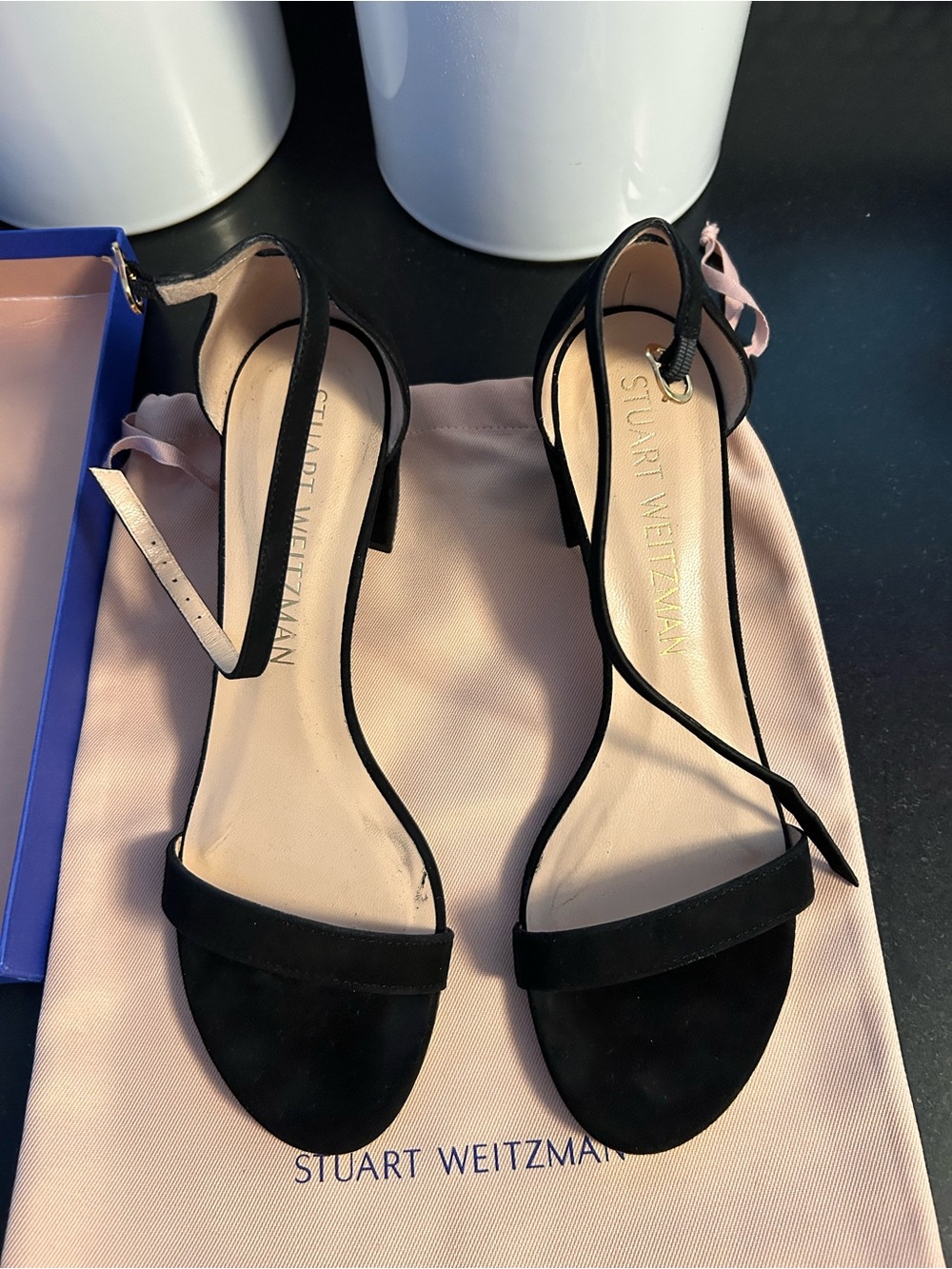 Stuart Weitzman Black Suede Ankle-Strap Sandals. Worn once 2 1/2” block heel.